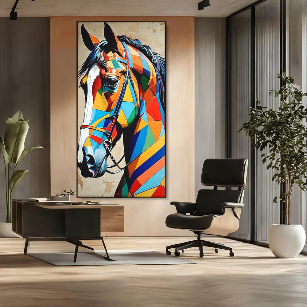 Tablou canvas cu tablou canvas cu armasar geometric colorat, in rama de aluminiu negru, pe perete intr-un birou